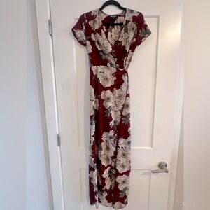 Burgundy Floral Wrap Dresss